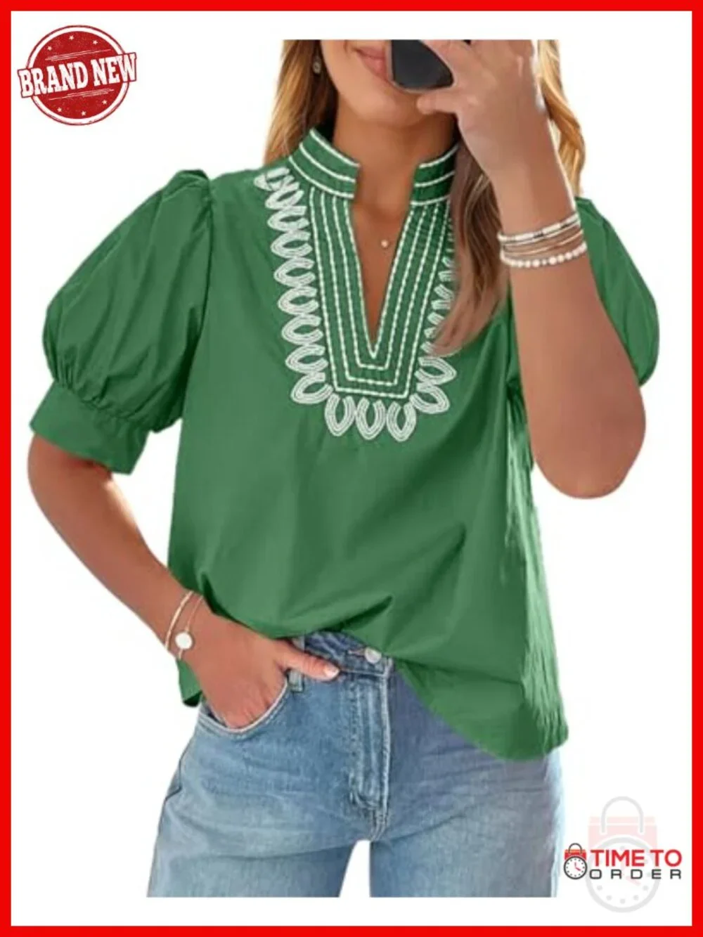 Women's Puff Short Sleeve Blouse Embroidered V Neck Loose Fit Casual Tee Shirt